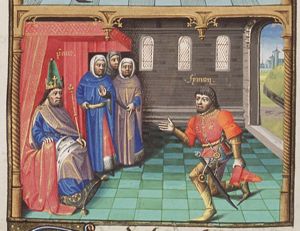 Sinon, a Greek pretending to be a deserter, appears before King Priam