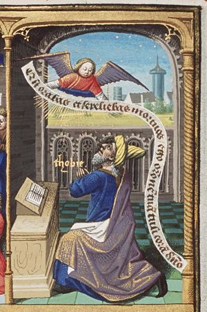 Tobit's prays to God, after taking care of a dead man, and after burying him (2nd of 3)