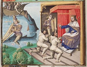 The guilty sailors are brought before Periander; Arion rides on a dolphin, holding his lyre (background); Jonah is thrown into the sea and swallowed by a great fish (background) (2nd of 2)