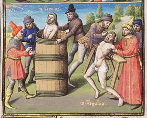 Martyrdom (eyelids cut off and his eyes exposed to the heat of the sun) and death of Marcus Attilius Regulus: he is enclosed in a nail-studded barrel by the Carthaginians (2nd of 2)