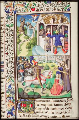 Samson breaks the pillars of the temple, killing the feasting Philistines; Sacrifice of Isaac (background) (1st of 2)