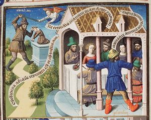 Samson breaks the pillars of the temple, killing the feasting Philistines; Sacrifice of Isaac (background) (1st of 2)