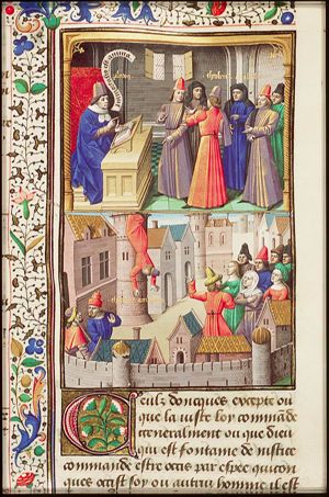 Theobertus (Cleombrotus) Ambriascente and others before Plato at his desk (1st of 2)