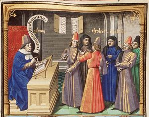 Theobertus (Cleombrotus) Ambriascente and others before Plato at his desk (1st of 2)