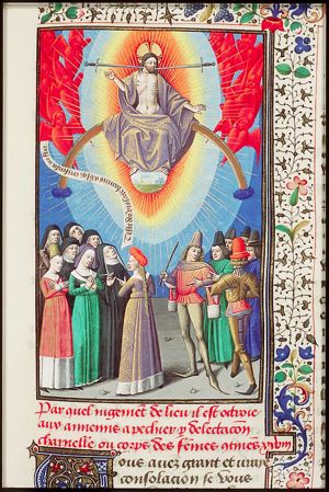 Christ as heavenly judge above a group of men and women discussing about rape and purity