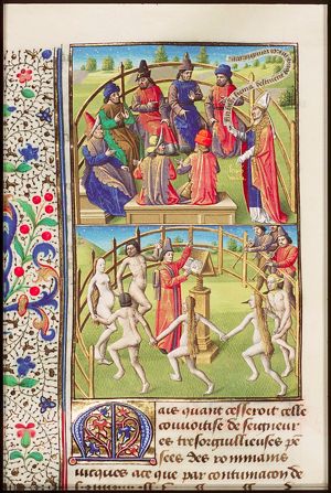 Scipio Nasica (dressed as a bishop) discussing theatrical performances (plays in honour of the Roman gods) with a group of scholars (1st of 2)