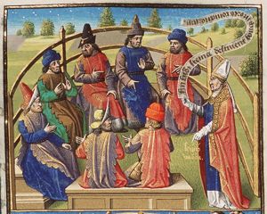 Scipio Nasica (dressed as a bishop) discussing theatrical performances (plays in honour of the Roman gods) with a group of scholars (1st of 2)
