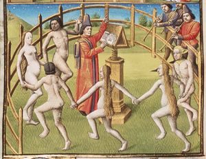 A group of naked men and women dancing around a conductor; three musicians (2nd of 2)