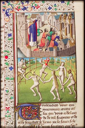 The Romans, in despair because of the plague, pray to their gods; St. Augustine objecting to the games (text on the scroll) (1st of 2)