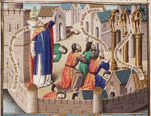 The Romans, in despair because of the plague, pray to their gods; St. Augustine objecting to the games (text on the scroll) (1st of 2)