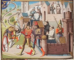 Conversion of St. Paul (an example of enemies who turn into friends): on the way to Damascus Christ appears to Saul, who falls from his horse and is blinded by the light; monks, praying couple, single combat (background) (2nd of 2)