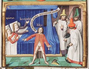 Attis castrates himself; Minerva and Cybele are lying in bed behind him; three men are standing with drawn swords at the foot of the bed (2nd of 2)