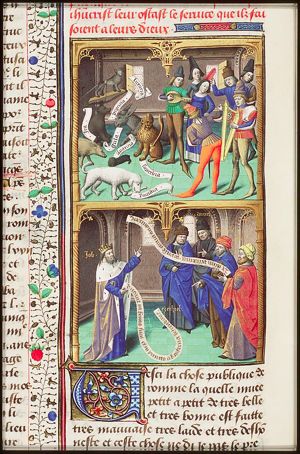 Romans dancing and making music, and seven animals representing the seven deadly sins (1st of 2)