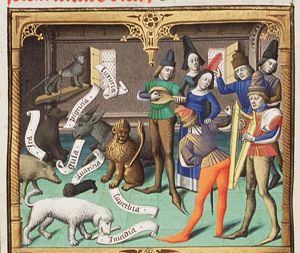 Romans dancing and making music, and seven animals representing the seven deadly sins (1st of 2)