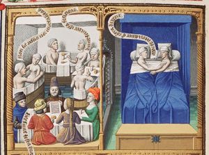 Pagan customs: men and women at a meal and in bath; brothel-scene (Viciousness) (1st of 2)