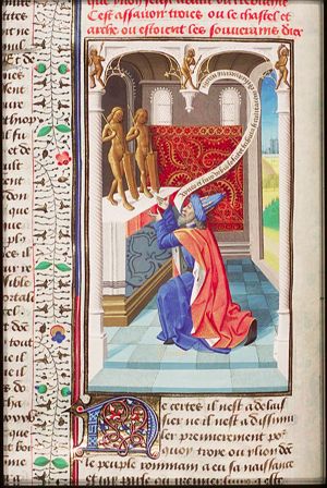 Laomedon, who refused to reward Neptune and Apollo who helped him build the walls of Troy, kneels before the idols on an altar