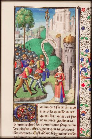 While the Roman girl Tarpeia is fetching water outside the citadel of the Sabines, she is bribed by Titus Tatius into opening the gates of the city; a tree with pieces of armour and a statue of Jupiter (background)