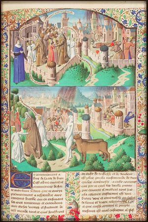 Lot offers his two daughters to the crowd threatening the two angels who are his guests; Lot leaving town; the destruction of Sodom (1st of 2)