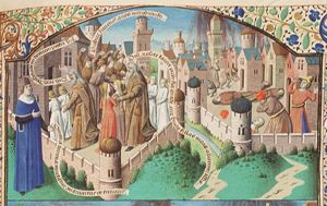 Lot offers his two daughters to the crowd threatening the two angels who are his guests; Lot leaving town; the destruction of Sodom (1st of 2)