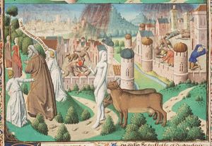 Lot's flight, his wife turned into a pillar of salt; the destruction of Seboïm, Segor and Adama (background) (2nd of 2)