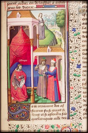 Counsellors explaining to King Astyages his dream of a vine growing out of his daughter Mandane: her son Cyrus will overthrow him; (Astyages will then order Harpagus to kill the baby Cyrus; Harpagus passes the assignment on to the shepherd Mithridates, whose wife will substitute Cyrus for her own still-born child); Mandane, the pregnant daughter of Astyages with a vine growing out of her abdomen; the infant Cyrus suckled by a wolf (background)