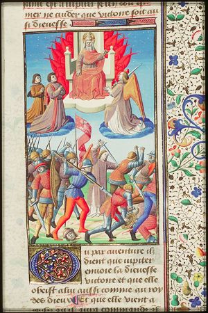 God the Father sends the angel to make the soldiers victorious, instead of Victory sent by Jupiter