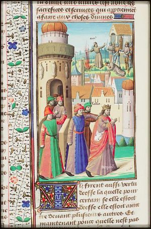 Tarquin is chased out of Rome; Gaius Mucius Scaevola holds his right hand into the flames (background)