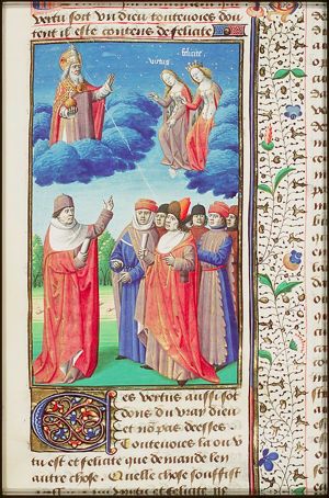 Dispute on the great number of pagan gods; God the Father, Virtue and Happiness (background)