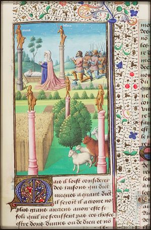 Adoration of Bellona (war) and Cunina (babies); statues of Segetia (harvest), Pomona (fruits) and Bubona (cattle)