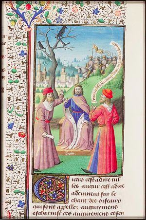 Cicero disputing with Balbus before Jupiter on superstition connected to the cries of ravens and crows