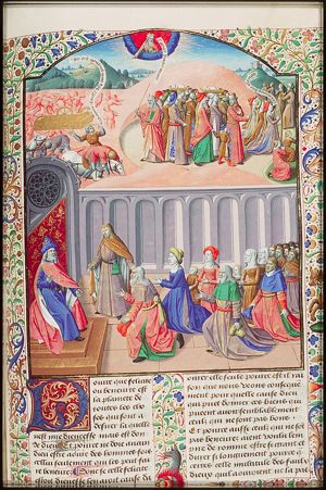 God's omnipotence and fate: the Israelites cross the Red Sea, Pharaoh's army perishes in the water; after crossing the Red Sea the Israelites rejoice and praise God (1st of 2)