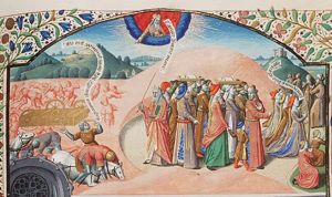 God's omnipotence and fate: the Israelites cross the Red Sea, Pharaoh's army perishes in the water; after crossing the Red Sea the Israelites rejoice and praise God (1st of 2)