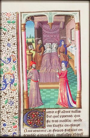Dispute of Posidonius and Hippocrates, examining sick twins, on the influence of the stars on the health of man; the parents of the twins in the foreground