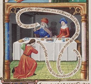 Isaac, sitting at a laid table next to Rebekah, blesses Jacob who, disguised in Esau's clothes, brings food to his father (3rd of 3)