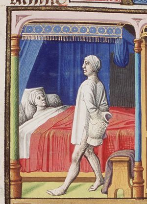 Couple (Olympias and Nectanebus?) and conception (Alexander the Great?): woman lying in bed and man going to bed (his arm hidden or stuck in a piece of armour) (1st of 2)