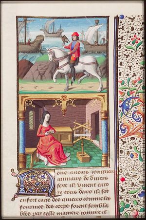 Twins of different sex as example against the arguments of astrology: young man at falconry; fishermen angling (background) (1st of 2)