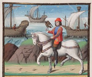 Twins of different sex as example against the arguments of astrology: young man at falconry; fishermen angling (background) (1st of 2)