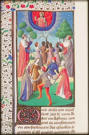 Discussion on fate as God's will: dancing men and women; people praying to Christ