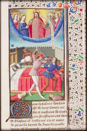 The reward of the citizens of the Eternal City: Christ with saints contrasted with the bad behaviour of the Romans: murder and theft while the king is in bed; sun without light (light spreads only on the good) and moon (background)