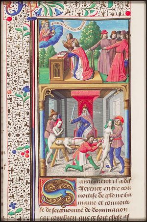 Righteous men - even non-Christians such as the two kneeling here - receive their virtue from God and set little value on the praise or blame of men (1st of 2)