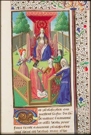 Voluptas represented as a young woman seated on a throne with Prudence, Temperance, Fortitude and Justice in Hortus Conclusus; Enercis outside