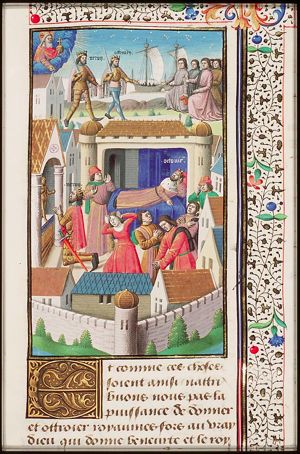 God omnipotent gives the power to good or bad rulers: men kneeling before Nero and Auguste; Nero praying; August sleeping; desperate Romans