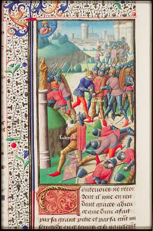 Radagaisus, king of the Goths, with a sacrifice before an idol; Radagaisus being captured in Fiesole during the siege of Florence with God's help (background)