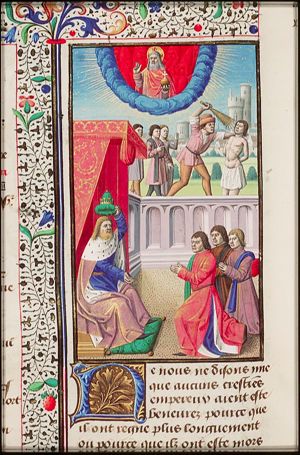 The good king is honoured by his subjects; the bad king is despoiled and scourged by his subjects (background)
