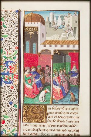 Constantine with his three sons among whom he divided his empire; senators; the building of Constantinople (background)