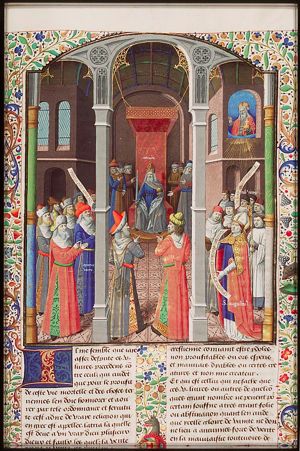 St. Augustine, Varro and Cicero disputing on prosperity before emperor Octavian sitting on his throne; God the Father as bearded old man (background)