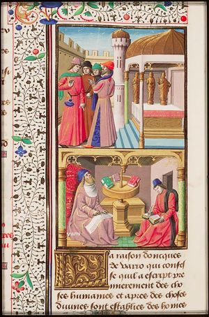 Four scholars discussing before a temple with three statues (1st of 2)