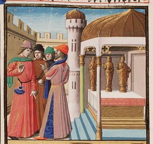 Four scholars discussing before a temple with three statues (1st of 2)