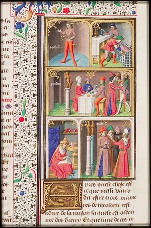 Varro dividing his "theology" into mythical (Mithicon), physical (Phisicon) and civil (Civille): Mithicon; god born from the head (Minerva), another from the thigh (Bacchus) and a third from drops of blood (Furies)