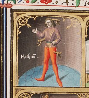 Varro dividing his "theology" into mythical (Mithicon), physical (Phisicon) and civil (Civille): Mithicon; god born from the head (Minerva), another from the thigh (Bacchus) and a third from drops of blood (Furies)